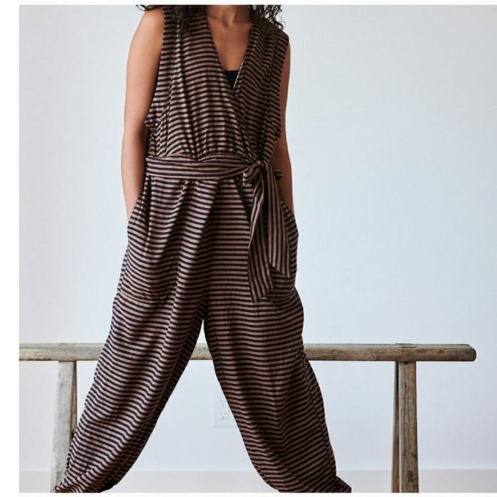 Free People Brown and Black Striped Sleeveless Jumpsuit